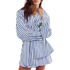 Cicy Bell Women's Oversized Striped Button Down Shirts Boyfriend Long Sleeve Collared Work Blouses Casual Chic Fit