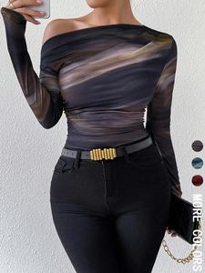 women's marble print ruched asymmetrical neck tee, casual long sleeve t-shirt for spring & fall, women's clothing for daily wear