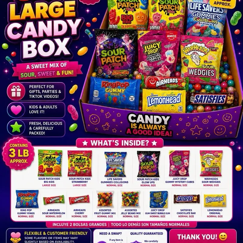 Saturated Fat Free, Sodium-Free Assorted Sugar-Based Snacks Combo Multipack Snack Box Set - Large Size, Ready-to-Pack Gift Option, 3 Large Items, 8 Regular-Size Items, Themed Candy Confetti, 20 Pre-Packaged Treats, Gift Basket Ideas, Adults