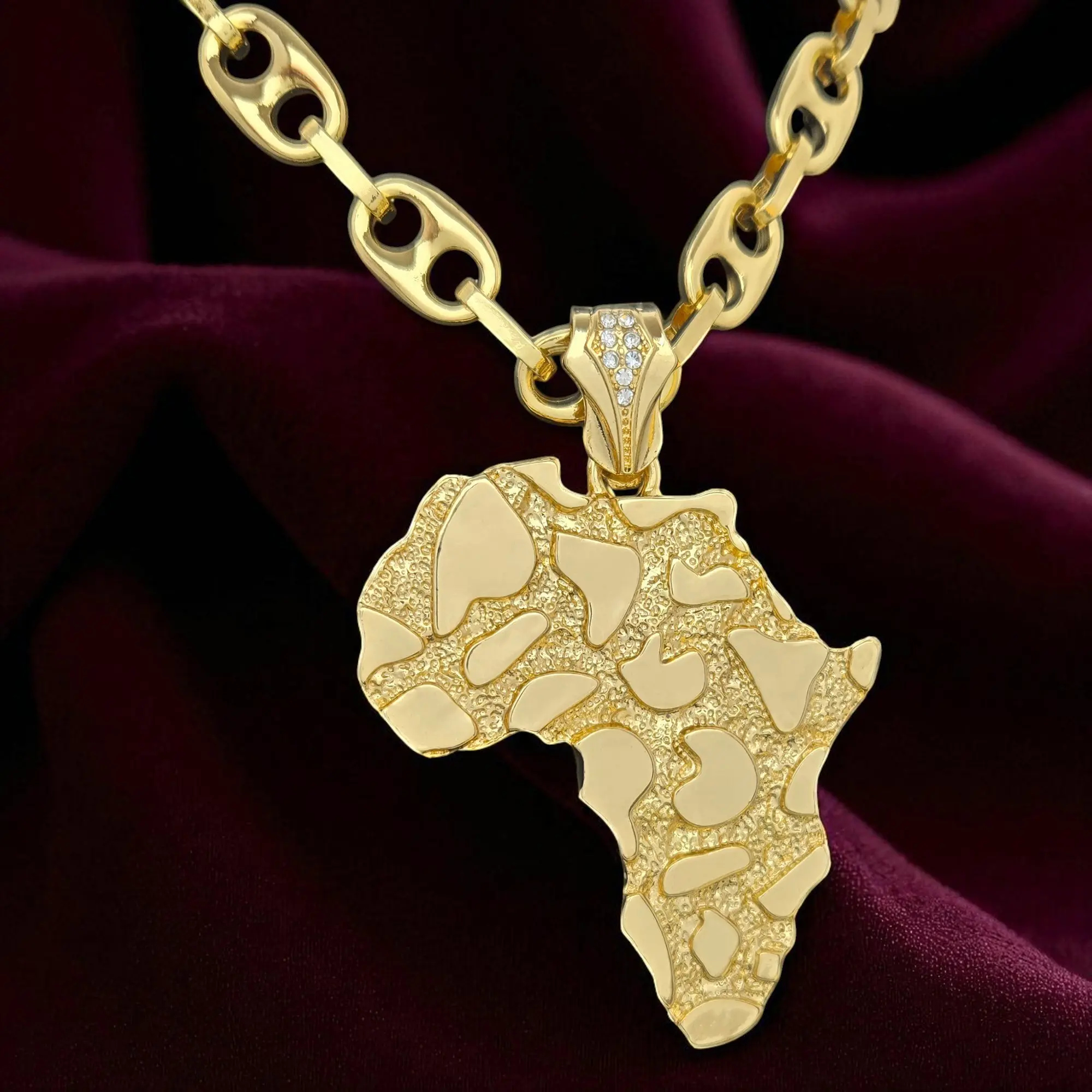 MaxBling81 Iced African Map Cuban Chain Pendant Necklace - Gold-Plated Unisex Hip Hop Statement Jewelry, 12mm Mariner Links, 20"/24"/30" Cubic Zirconia Daily Accessory, Decorative Chain Necklaces, Gold Aesthetic, Alloy Metal, Casual, Daily Wear, Multiple,