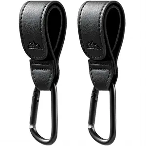 Multipurpose Baby Stroller Hooks Premium Vegan Leather Pram Straps for Hanging Diaper Bags Grocery Shopping Bags 2 Pcs (Black-3)