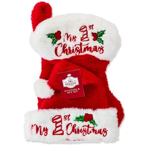 Holiday Time Red and White My First Christmas Santa Hat and Stocking Set 2 Pieces with "My 1st Christmas" Embroidery and Festive Holly Accents for Baby's First Holiday