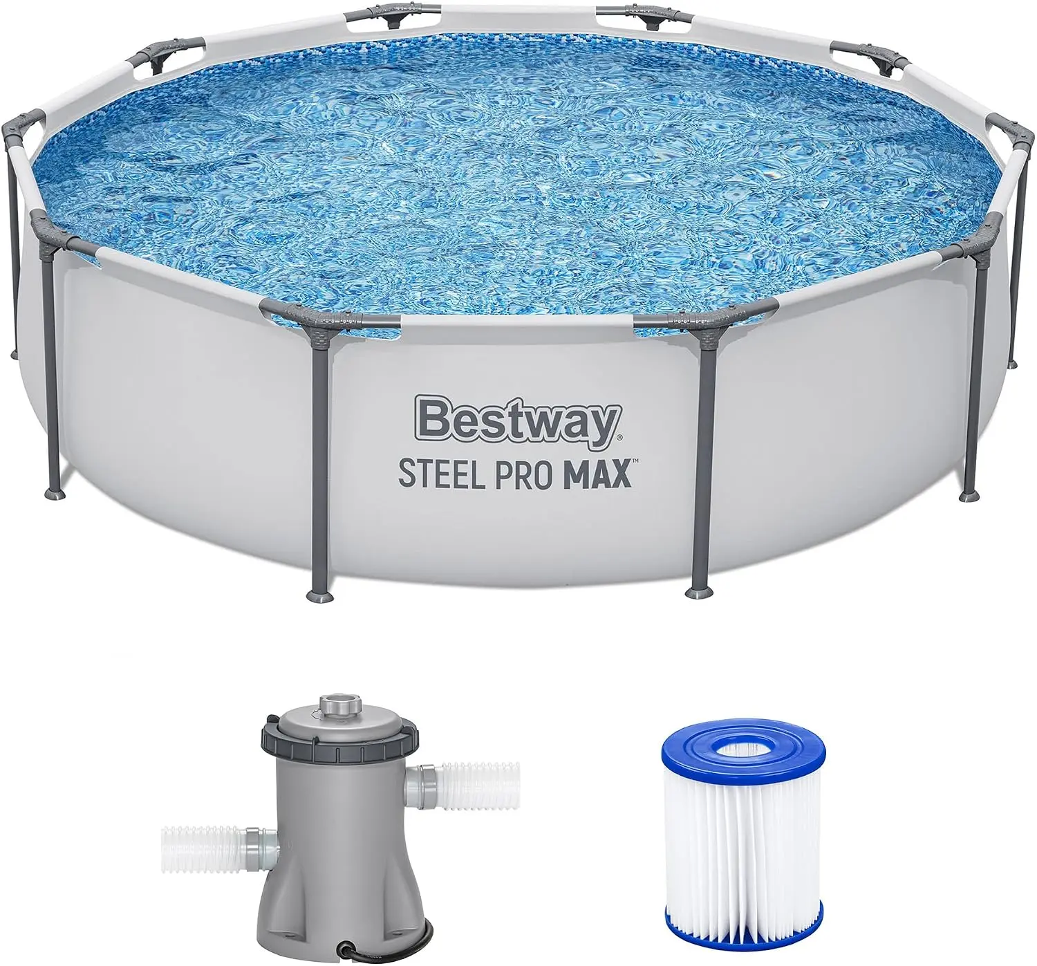 Steel Pro MAX 10' x 30" Above Ground Pool, Round Metal Frame Outdoor Swimming Pool Set with Filter Pump & Type I Cartridge, Gray