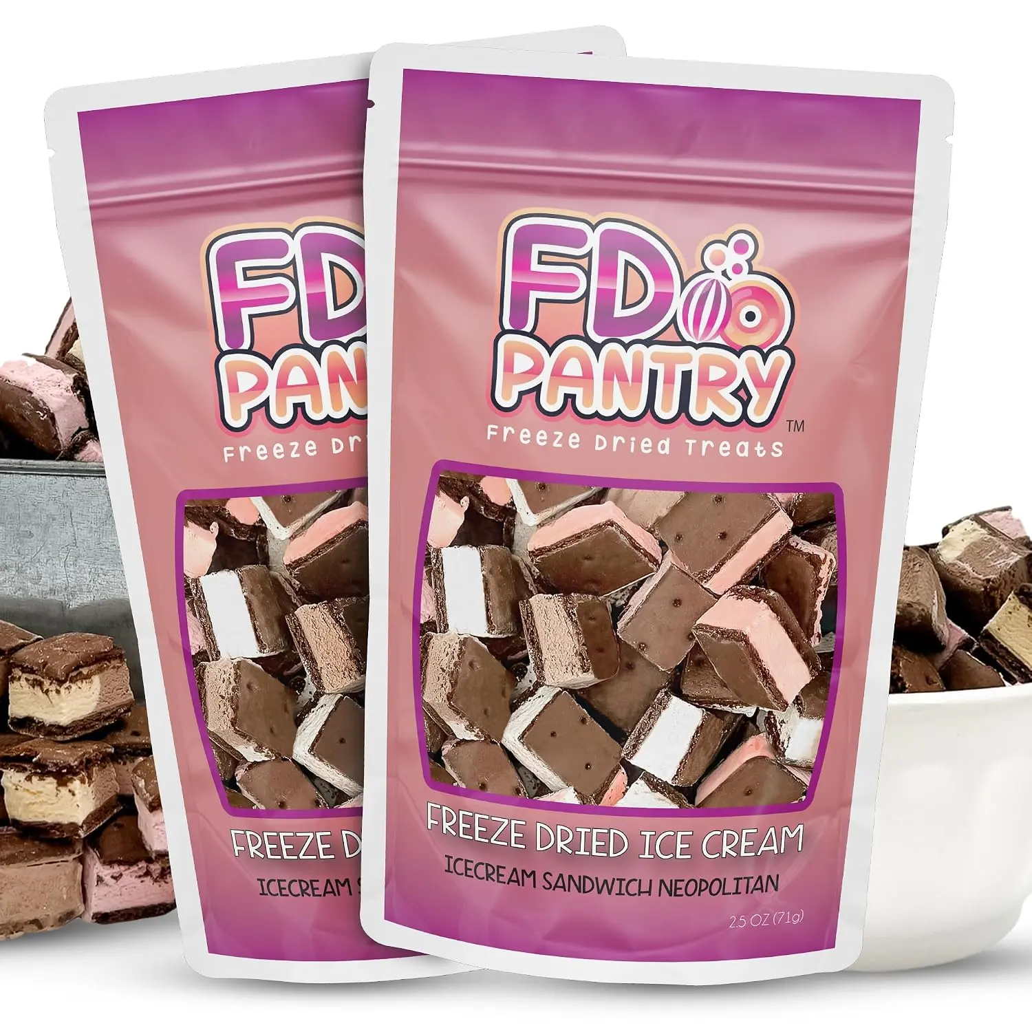 Freeze Dried Neapolitan Ice Cream Candy 2 Pack, 2.5oz Each, Crunchy Strawberry Chocolate Vanilla Dessert, Resealable Gift Bags