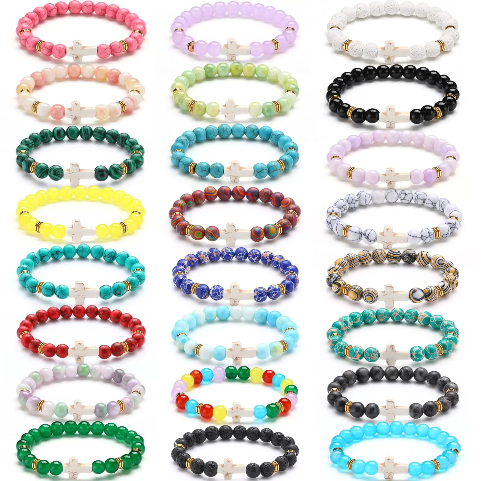 24Pcs Cross Beads Bracelet Christian Gift for Women Men Couple Religious Gifts 8mm Cross Bracelets Healing Lava Stone Stretch Gift for VBS Summer Church Camp Back to school Sunday School Rewards Party Favor