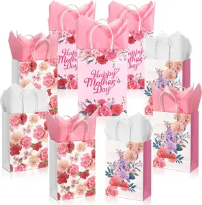 12 Pcs Mother's Day Gift Bags with Handles & Tissue Paper - Floral Gift Wrap Bags for Mom, Grandma, Sister, Wife, Party Decorations & Gift Wrapping