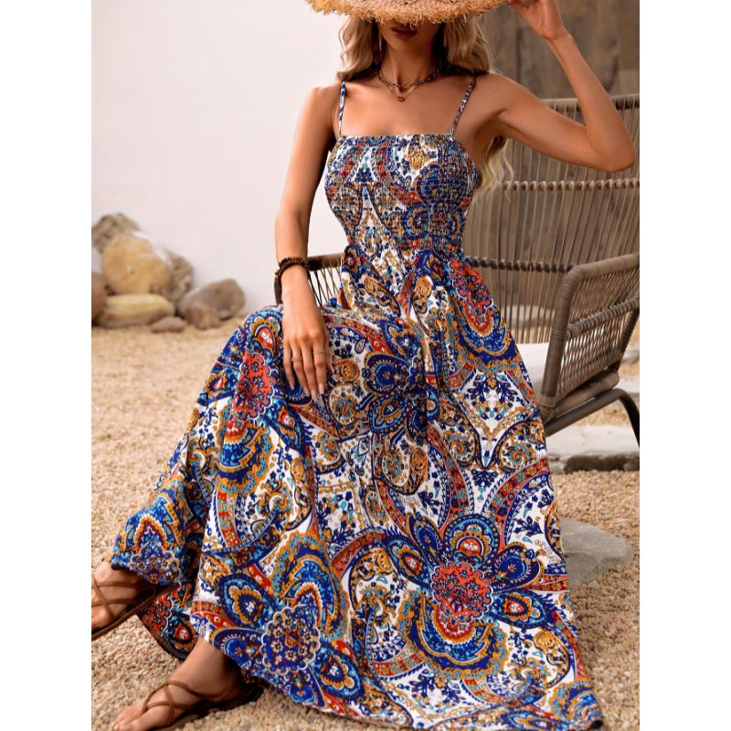 Women'S Casual Slingback Dress A1616, Spaghetti Strap, Shirred, Motif Cachemire Pattern, for Spring/Summer  Fabric Polyester Womenswear Collar Comfort Multicolor Sleeveless Women's Elegant Loose Midi Flowery Backless Mini white  dress  girl