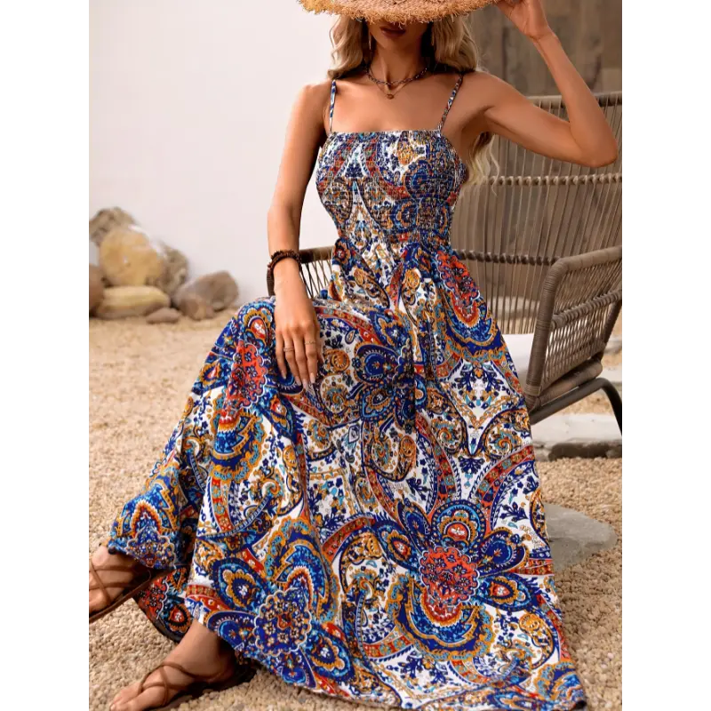 Women'S Casual Slingback Dress A1616, Spaghetti Strap, Shirred, Motif Cachemire Pattern, for Spring/Summer  Fabric Polyester Womenswear Collar Comfort Multicolor Sleeveless Women's Elegant Loose Midi Flowery Backless Mini white  dress  girl