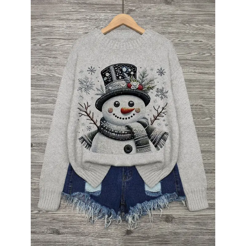 [Christmas outfit] Women's Casual Long Sleeve Christmas Snowman Pattern Knitted Crew Neck Pullover Sweater