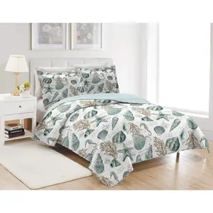 3 Pieces Beach Shell Bedspread Twin Size Ocean Theme Seashell Conch Summer Lightweight Thin Reversible Conch Shell Hippocampus Printed Coverlet Set Bedding-Blue White