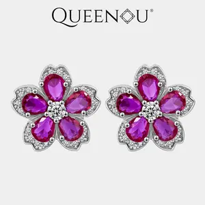 【970】Floral Zirconia Stud Earrings and Pendant Necklace Set | Red/Blue/Green 5-Petal Design | Oval Stones with Round White Center