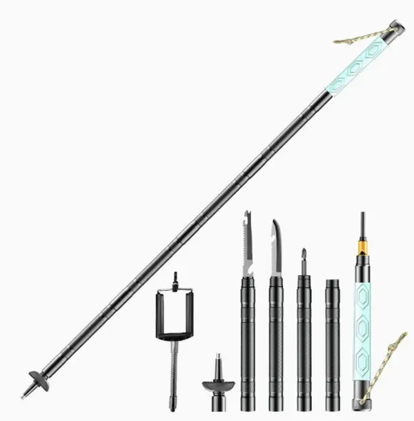 7-in-1 Luminous Tactical Hiking Stick - Lightweight Carbon Fiber Collapsible Staff, Mini Multi-Tool with Compass, Tinder, Saw Blade, Screwdriver, Pliers - Premium Camping & Hiking Accessory, Collapsible Staff Hiking Sticks