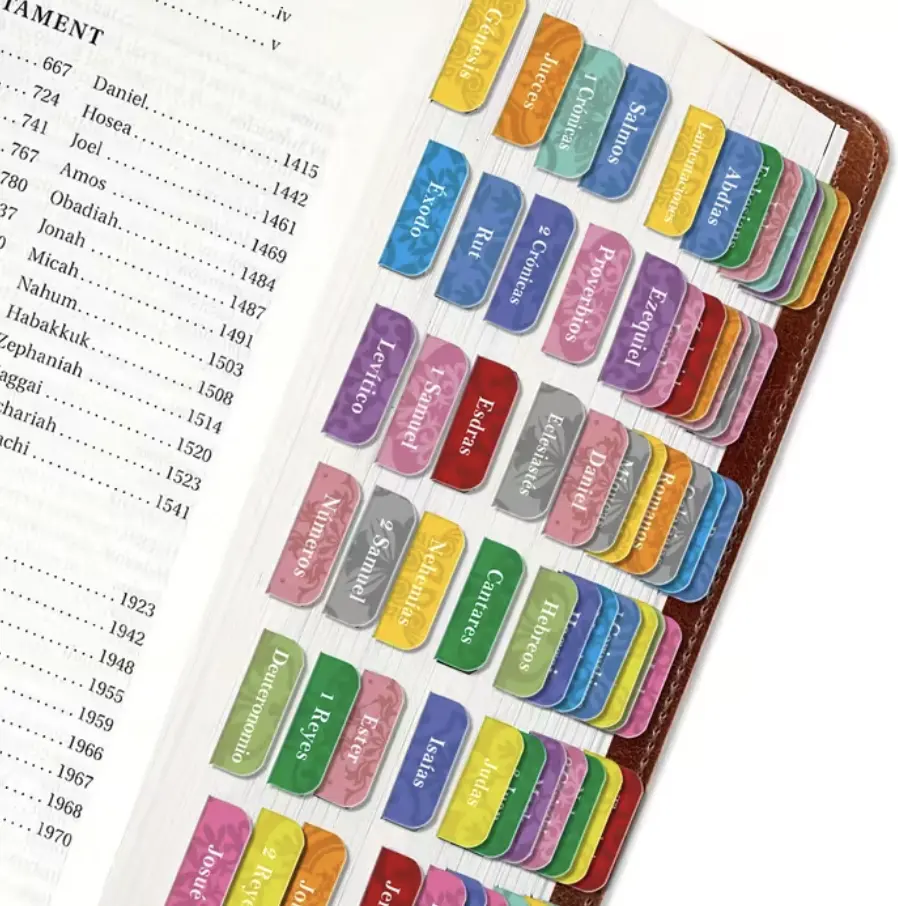 75-Count Laminated Spanish Text Bible Index Tabs, Repositionable Durable Adhesive Stickers, Large Print Office Stationery for Bible Study to Make Specific Passages or Books Easily Identifiable, Book Accessories