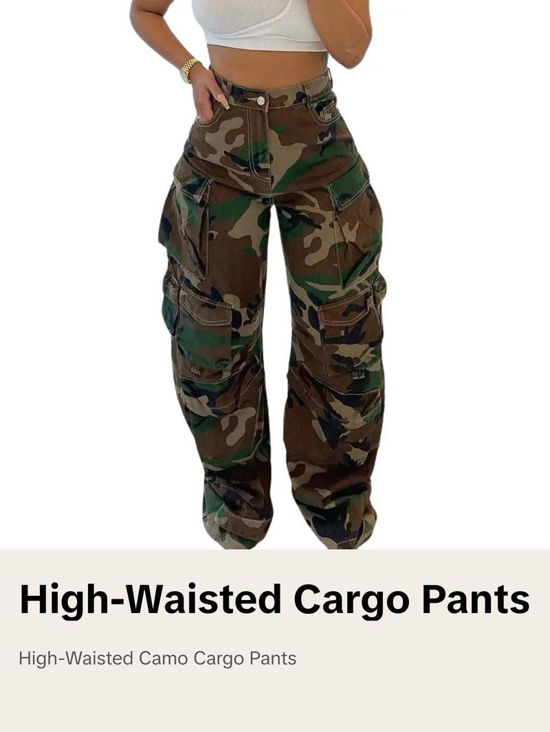 Army Camouflage Cargo Pants for Women with Pockets, High Waist and Woven Fabric - Cotton