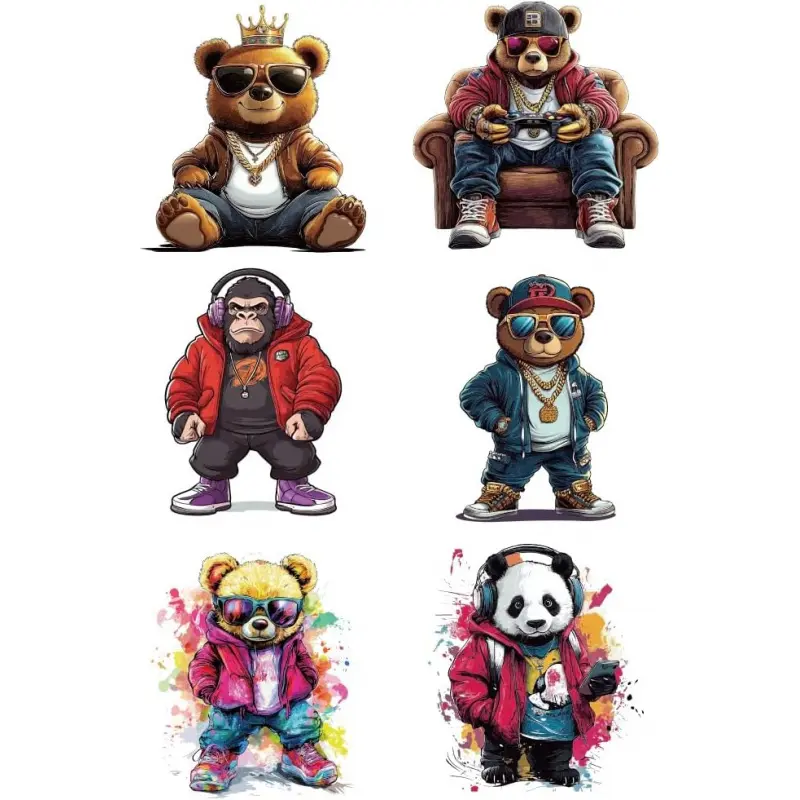 6 Pcs Iron on Decals Patches, 6 Sizes Hip-hop Animals Iron on Stickers Fashion Bear Monkey Panda Heat Transfer Stickers Durable Plastic Washable Patches for DIY Clothes Decor Backpacks Cover DIY Decoration Diy Craft Supplies