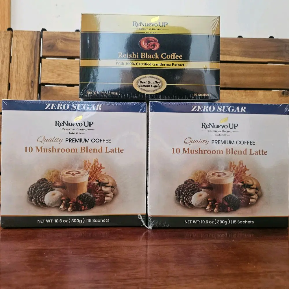 ReNuevo UP - 2x 10 Mushroom Blend Latte - 1x  Reishi Black Coffee - Zero Sugar - Coconut Milk Powder - Reishi, Shiitake, Tremella, Chaga, Maitake, Lion's Mane, Turkey Tail, Stevia, Cordyceps miliraris, Oyster Mushrooms - Instant Coffee Packets