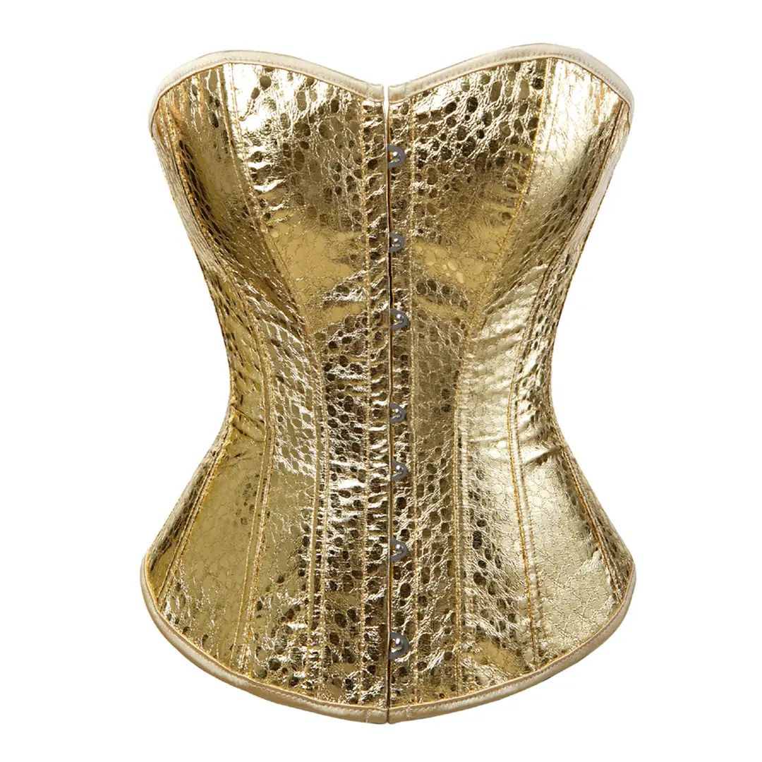 Women's Golden Lace Gold Leather Overbust Corset Bustier - Plus Size Shapewear Clothes, Halter Neck Cropped Witch Lingerie Waist Trainer Cincher for Halloween Cosplay, Casual Skirt-Compatible