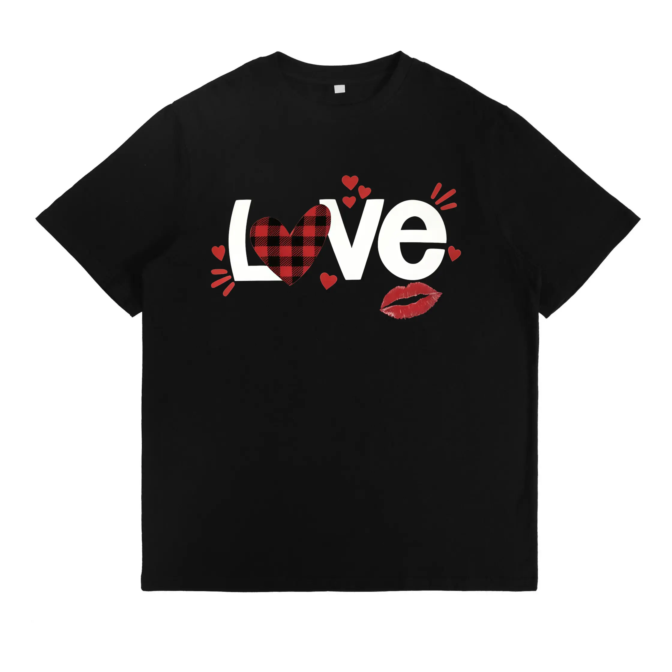 Women's Heart & Lip & Letter Print Round Neck Tee, Casual Short Sleeve Crew Neck T-shirt for Summer, Love Tshirt,Fashion Women's Top for Daily Wear, Cotton, Women's Clothes