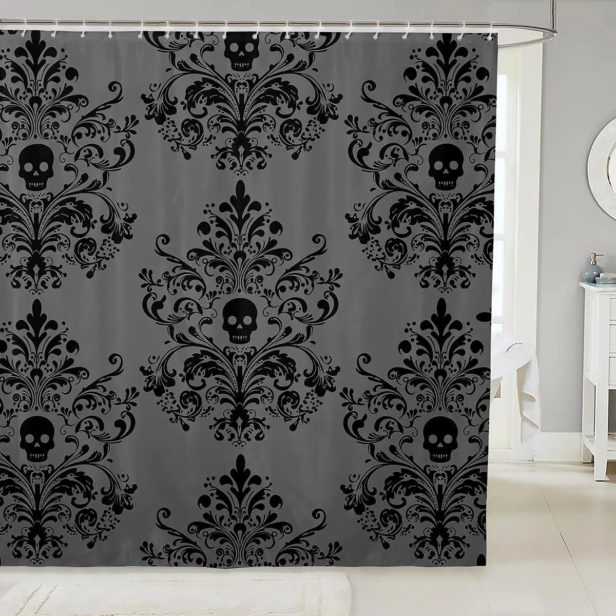 Gothic Damask Shower Curtain for Bathroom Decor Vintage Jacquard Bath Curtain for Stalls Bathtubs Gray Black Bathroom Accessories Exotic Sugar Skull Waterproof Polyester with 12 Hooks