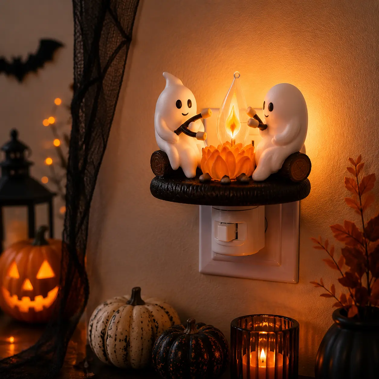 [Halloween Gift] Halloween Ghost Campfire Night Light, Plug-in Wall Flickering Flame Nightlight, 3D Cute Spooky Marshmallow Ghost Decoration for Bedroom, Spooky Season Home Halloween Decor for Kids Adults