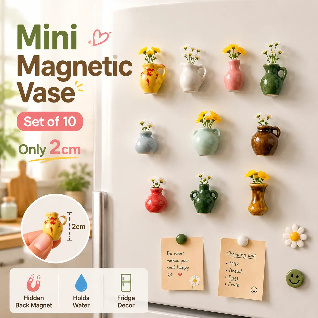 10-Pack Tiny Glass Vase Fridge Magnets Set, Cute Flower Magnets for Refrigerator Decorating, Modern Magnetic Bud Vases for Whiteboard, Aesthetic Floral Display Magnetic Item for Home Decor, Cute Magnets For Fridge, Refrigerator Decorating Magnets