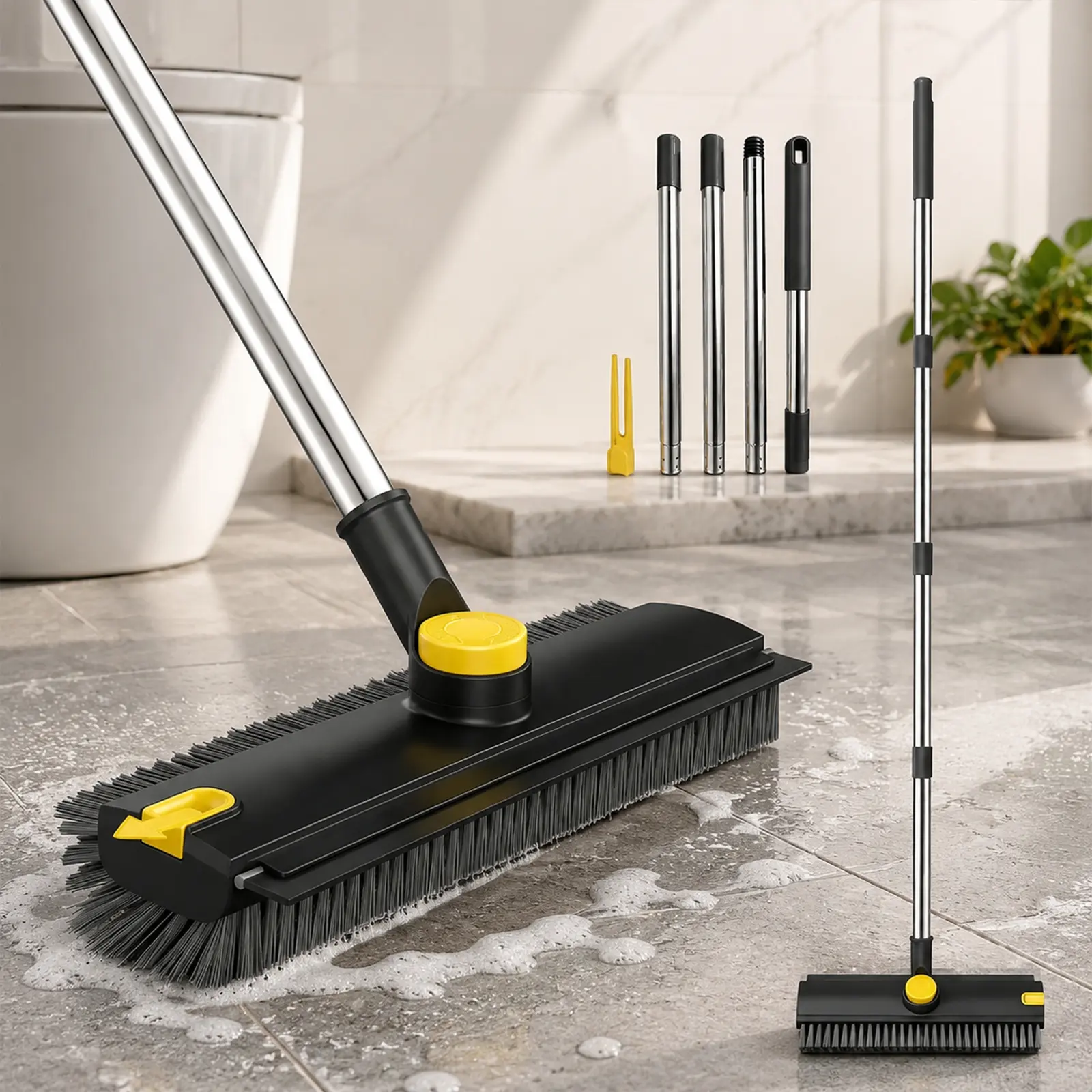 3-in-1 Heavy Duty Rotatable Floor Scrub Brush, Adjustable Stainless Steel Long Handle, 360° Bristles, Multi-Surface Home Cleaning Tool for Tile, Concrete - Home Care Supplies Broom