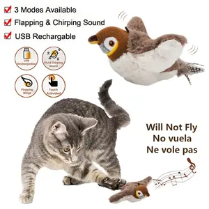 Interactive Cat Toys Flapping Wings Sparrow No Flying Chirping Bird Rechargeable Touch Activated Kitten Toy Cat Exercise Toys