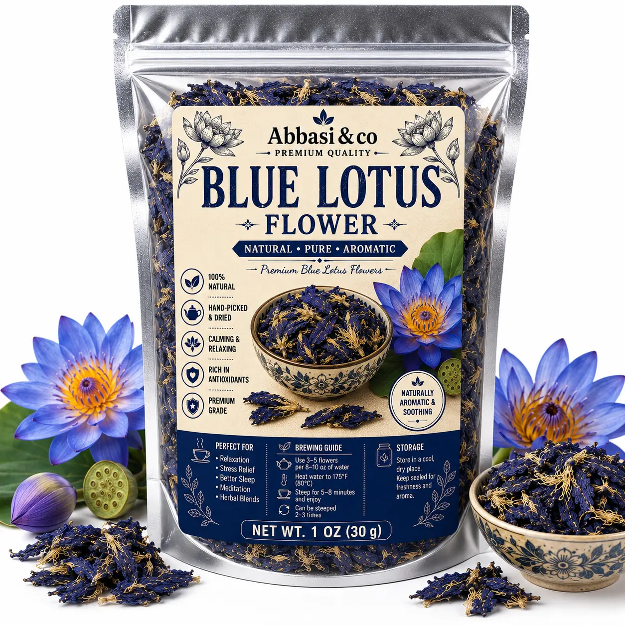 Blue Lotus Flower 1OZ 30g Stamens Nymphaea caerulea Natural Pure Aromatic Premium Grade Hand Picked Dried Calming Relaxing Rich in Antioxidants