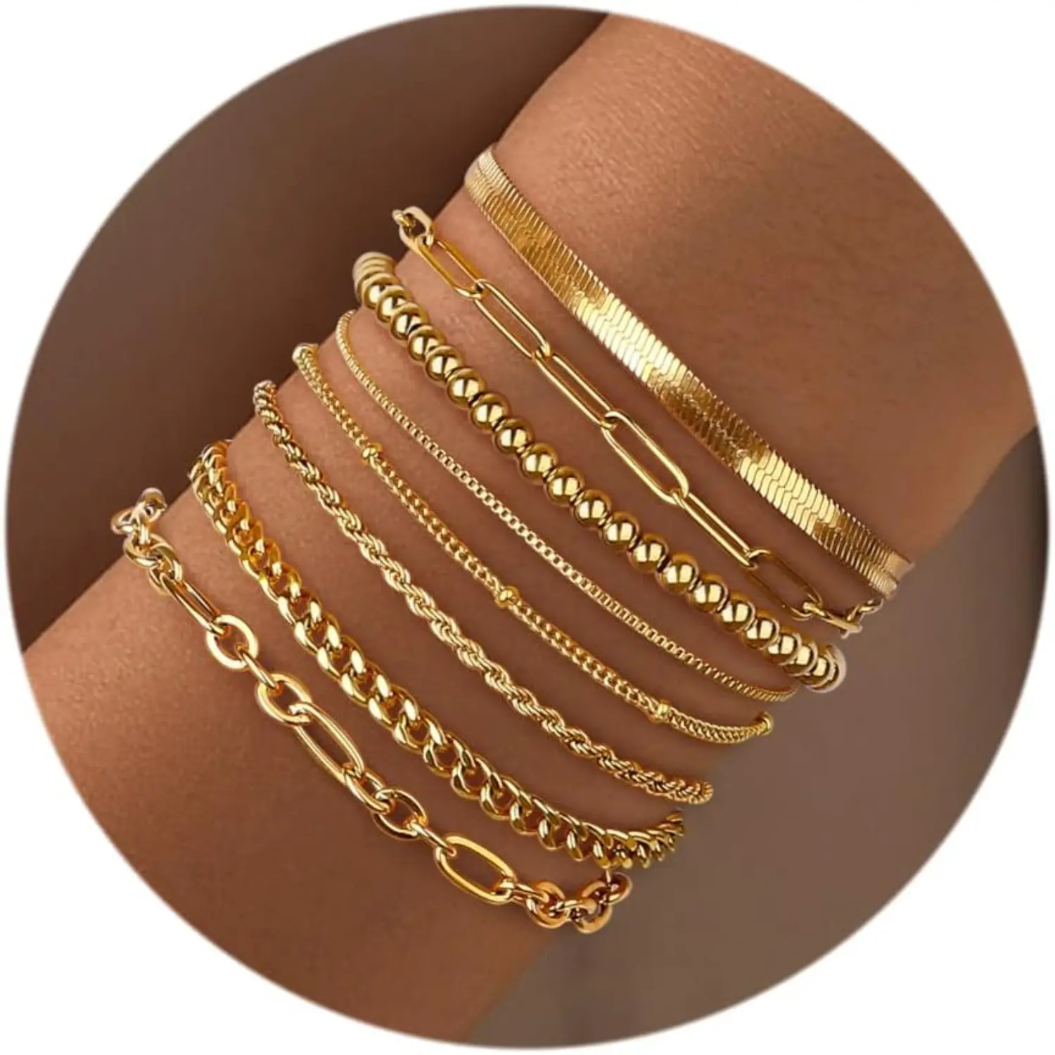 ZELORES 8 Pcs Ladies Gold and Silver Color Matching Wristband Set 14K Gold-plated Exquisite Chain Pearls Stainless Steel Stackable Bracelet., Daily Wear, Casual Fashion Matching Bracelet Gold Bracelets