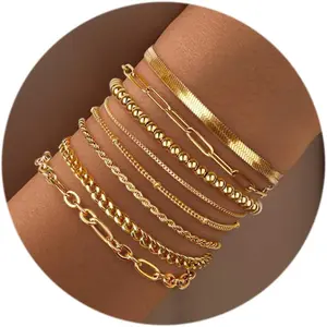 ZELORES 8 Pcs Ladies Gold and Silver Color Matching Wristband Set 14K Gold-plated Exquisite Chain Pearls Stainless Steel Stackable Bracelet.