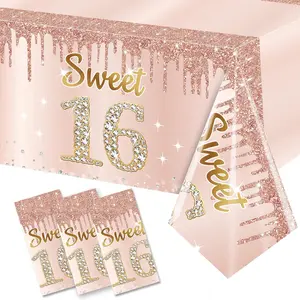 Sweet 16 Pink Rose Gold Birthday Tablecloth Decorations 3 Pack Sixteen Year Plastic Disposable Rectangular Table Cloth Decor