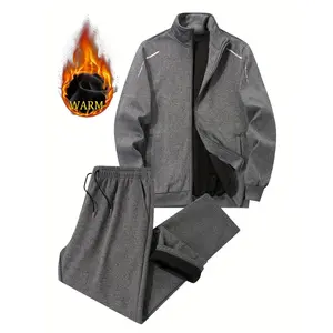 Men's Winter Fleece-Lined Thickened Casual Suit for Young and Middle-Aged Men, Outdoor Sports Windproof Jacket and Pants, Men's Solid Color Two-Piece Set