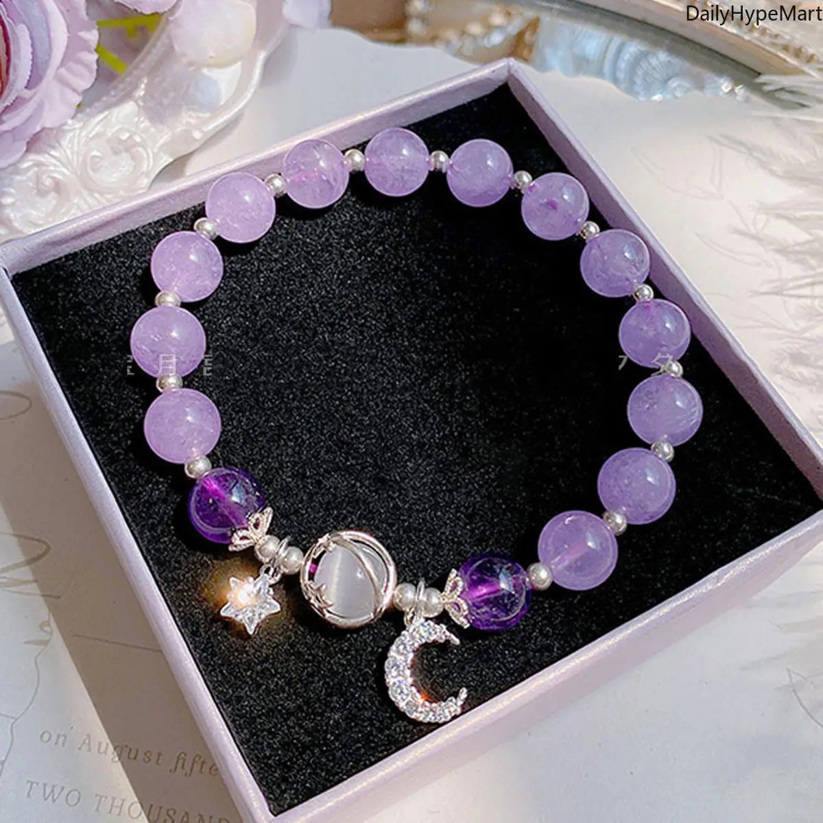 Women's Exquisite Trendy Charm Bracelet - Starry Cat Eye Design, Niche Moonlight Fashion Accessory with Purple, White Star-Moon Charms, Charm Bracelets, Exquisite Trendy Bracelet