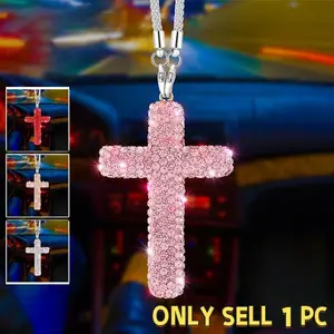 Shiny Cross Pendant Charm for Vehicle Interior Decoration, Sparkling Rhinestone Details, Car Accessory Ornament, Boujee Car Accessories