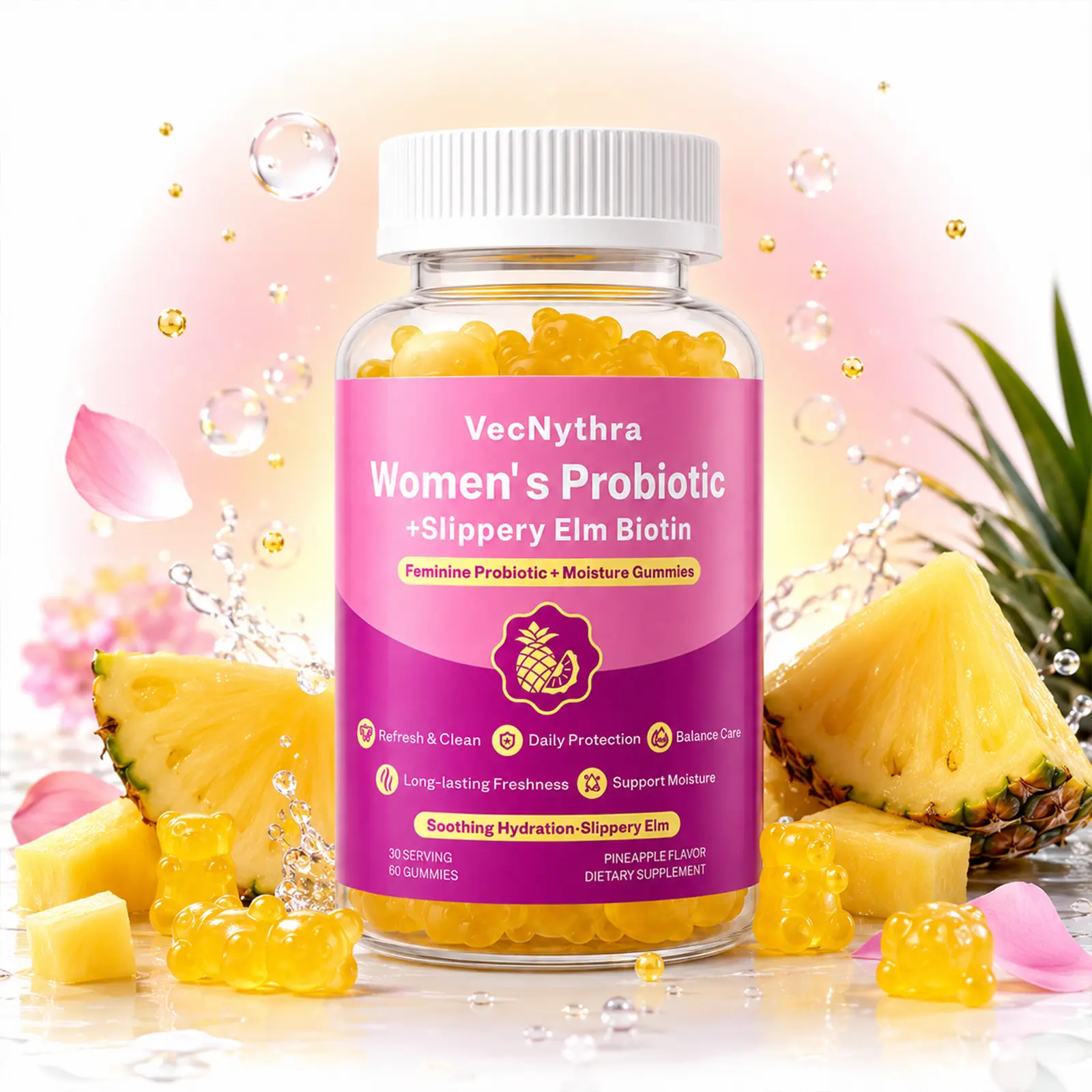 VecNythra Women's Probiotic & Prebiotic Gummies with Slippery Elm, Biotin, Vitamin C, Supplement Routine Support for Gut & Feminine Flora Balance