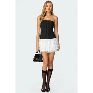 Strapless Pinstripe Ruffle Skirt Mini Dress
