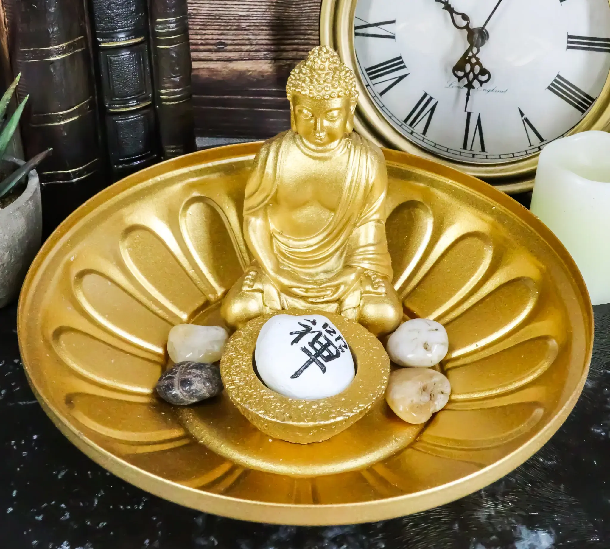 Ebros Feng Shui Golden Meditating Buddha Zen Dish With Pebbles & Lotus Flower