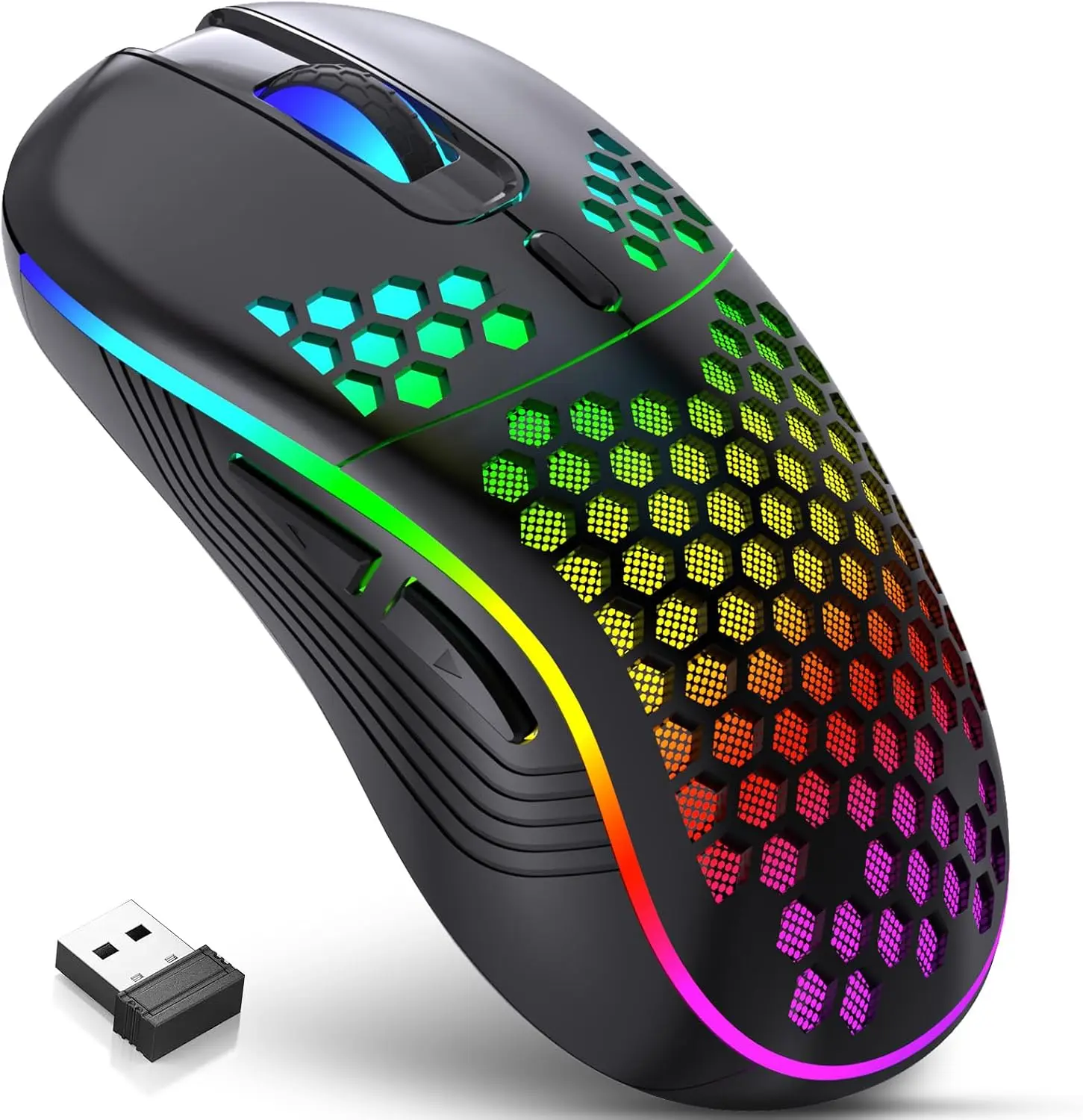 2.4G Wireless Mouse with RGB Backlit 6-Button 3-Speed DPI Type C Rechargeable Ergonomic Honeycomb Design Gaming Mouse SZKOSTON