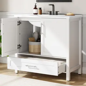 GARVEE Modern Bathroom Vanity Set with Ceramic Basin – Freestanding Cabinet Featuring Spacious Drawer & Soft-Close Doors – Single Sink Design, Easy Assembly, Space-Saving Bathroom Storage Solution