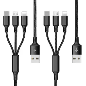 Multi Charging Cable 2 Pack 6FT 3A 3 in 1 Fast Charging Cord,Nylon Braided Multiple USB Cable with IP Micro USB Type C Port for Phone,Samsung,PS4, Tablet, Xiaomi and More (2M Black)