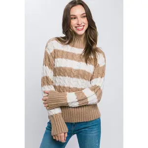Striped Cable-Knit Pullover Sweater