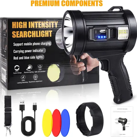 Rechargeable LED Spotlight Torch - 6 Modes Light, 2 Charging Modes (Solar Panel, USB), 4 Colors Main Light, Durability, IPX5 Rating, Strobe Function, Shoulder Strap, Portable Outdoor Handheld Searchlight for Hunting, Camping