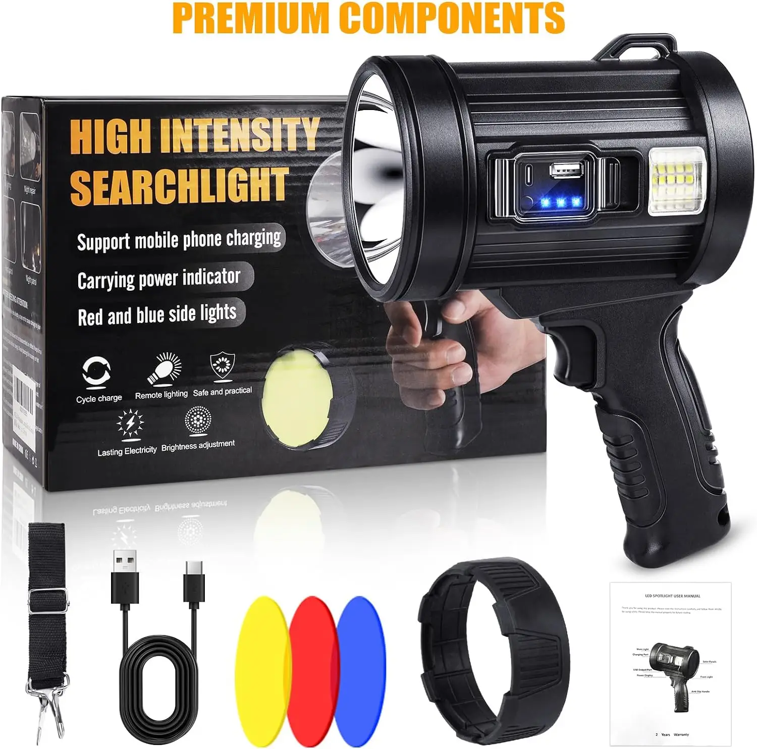 LED Spotlight Rechargeable 1000 Lumens Bright LED Spotlight Flashlight, Long Running Spot Light Searchlight, Outdoor Handheld Spotlights with Solar Pa