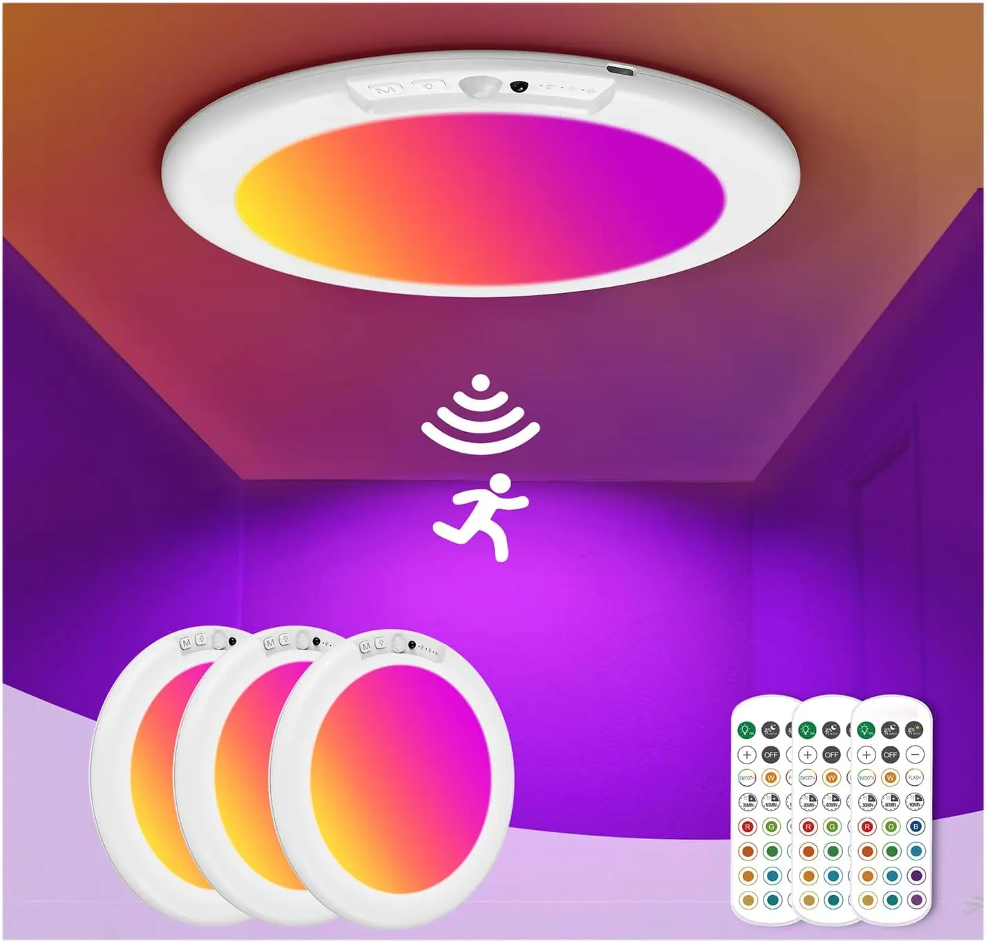 Wireless Motion Sensor Ceiling Light - 12 RGB Color Changing, Magnetic Mount, Perfect for Closet, Shower, Pantry, Shed & Hallway