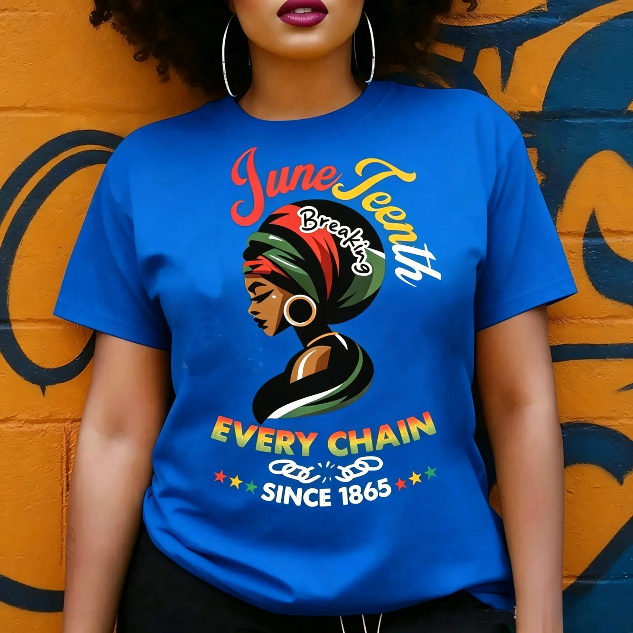 Women's Juneteenth Graphic T-Shirt, "Break Every Chain Since 1865" Design, Vibrant Geometric Print Short Sleeve Top, Regular Fit For Year-Round Wear - Ideal Juneteenth Gift For Friends & Family, Unisex Summer Outfits, Elegant Women T-Shirts