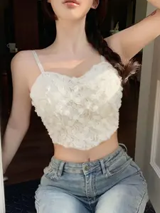 Fashionable Rose Embroidered Lace Tank Top for Women, Spring Summer French Style with Chest Padding, Perfect for Festivals and Daily Wear