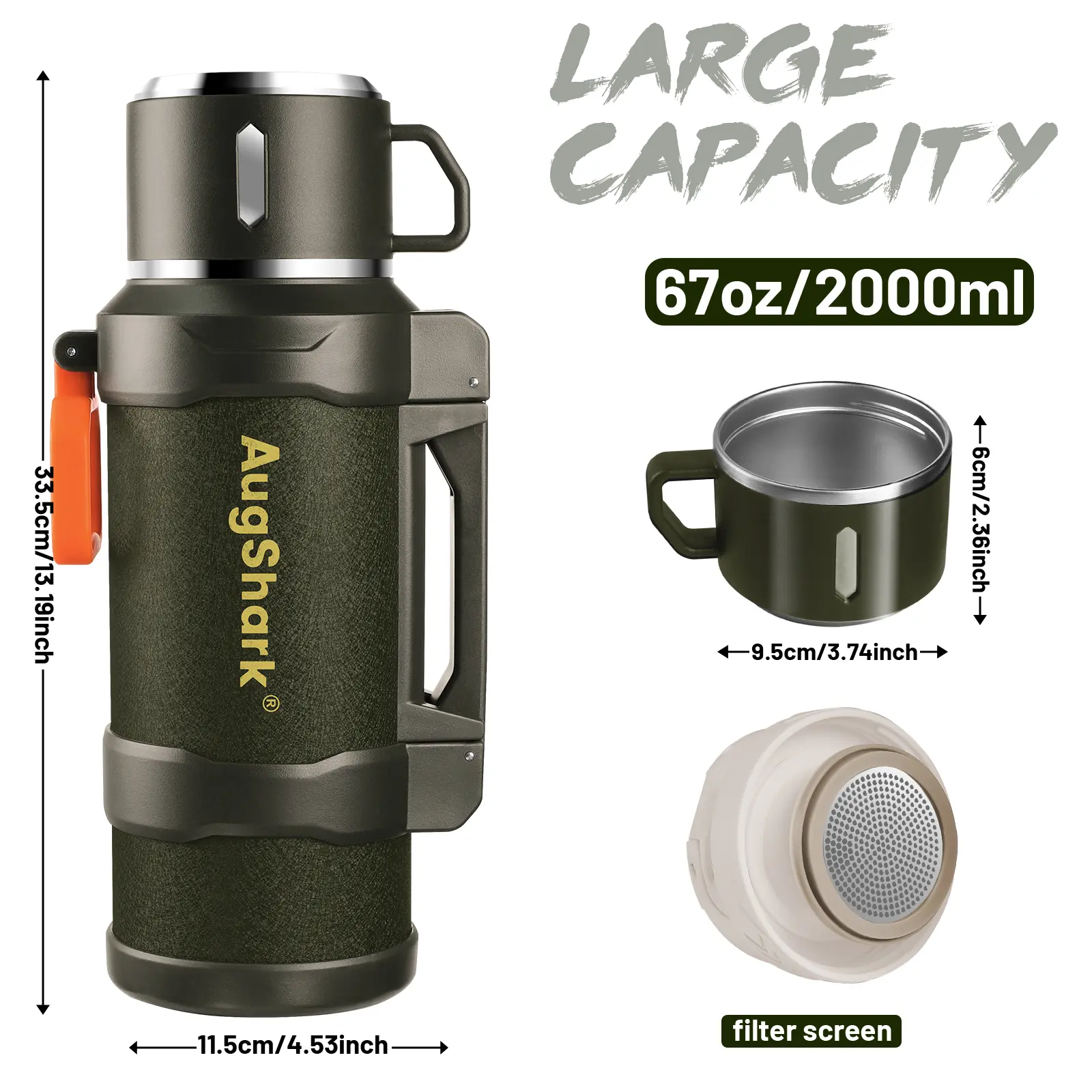 Augshark Newly Updated 3.0 Summer Limited Edition 67oz Portable Insulated Stainless Steel Vacuum Thermos - Coffee & Water Bottle, Leakproof, Insulated Cup, Holds Ice Cubes, With Cup For Travel Outdoor Use