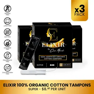3 Pack Coco March Elixir Organic Cotton Tampons, Super Feminine Care Tampons for Women (16ct) Comfort Hypoallergenic
