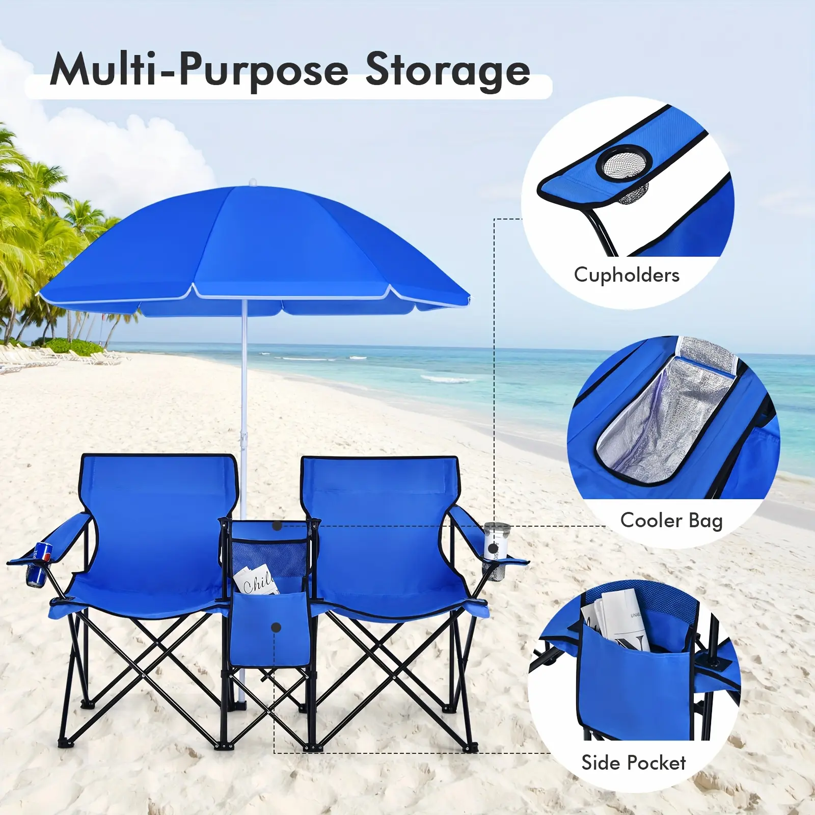 Compact Collapsible Picnic Chair Set with Umbrella, Table, And Cooler for Beach Outings And Camping
