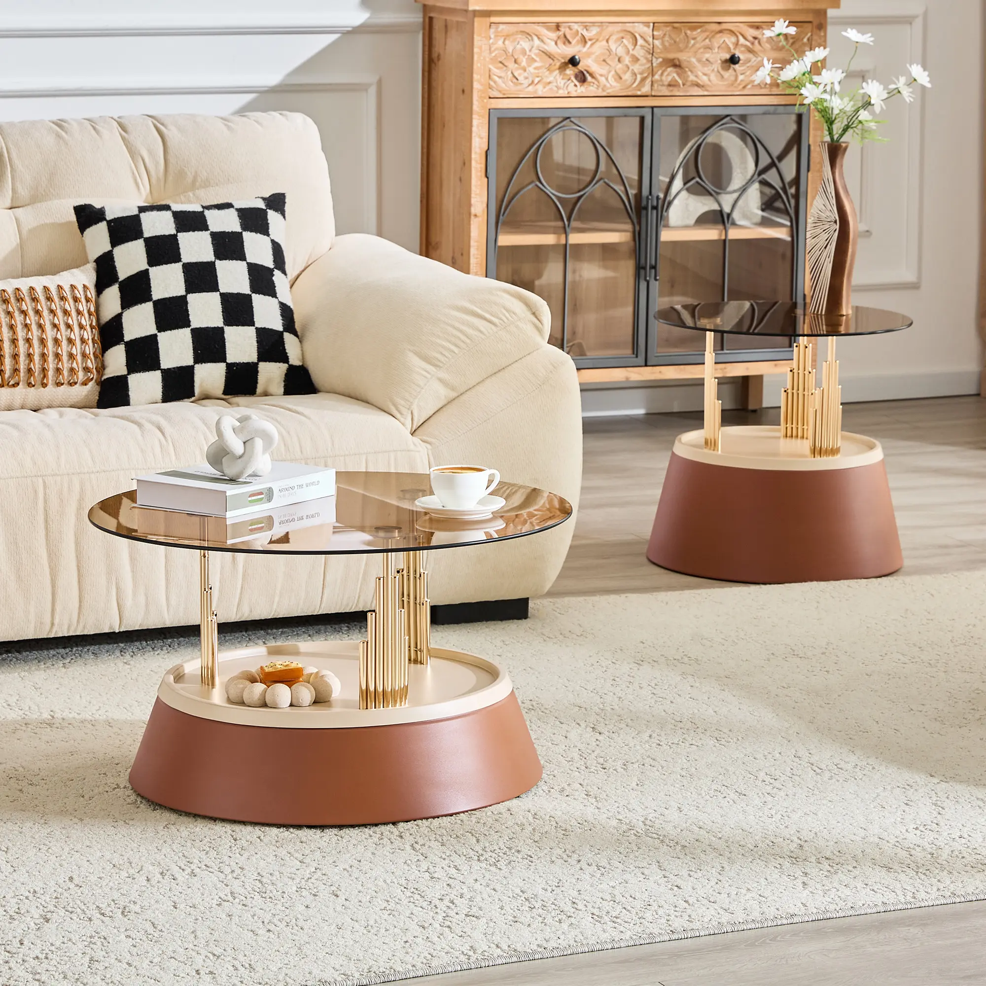 2 Pcs Black Affordable Luxury Nesting Table Set, Round Tempered Transparent Glass Nesting Design, Modern Stackable Leisure Furnishing, Stylish Combination Decor for Living Room Home Indoor Rest Space
